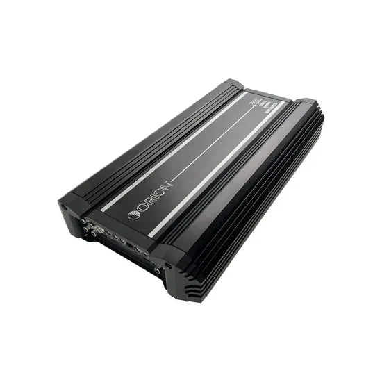 Black 5-channel car audio amplifier angled view with side cooling fins