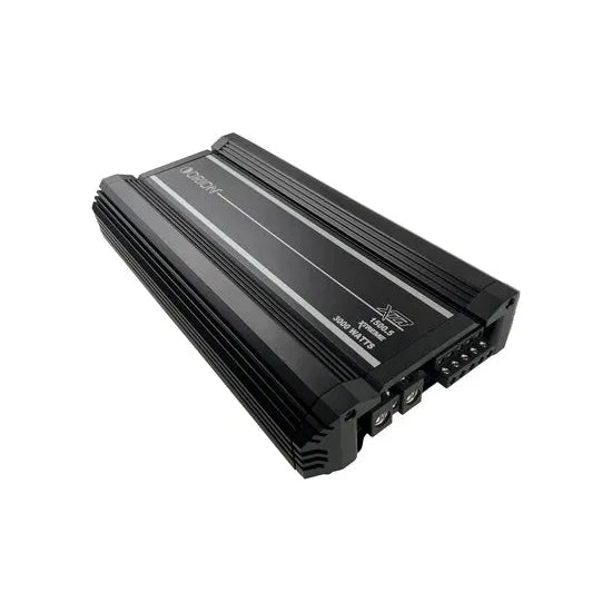Black car audio amplifier with top label and multiple ventilation fins