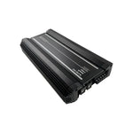 Black car audio amplifier with top label and multiple ventilation fins