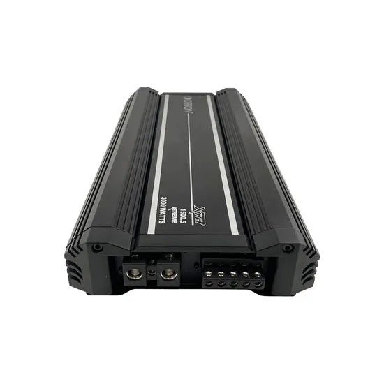 Black amplifier rear panel with RCA-style inputs and speaker terminals