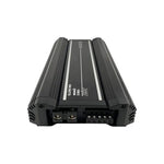 Black amplifier rear panel with RCA-style inputs and speaker terminals