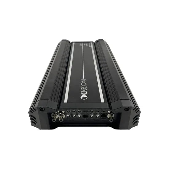Black amplifier rear connectors row with Orion logo on top