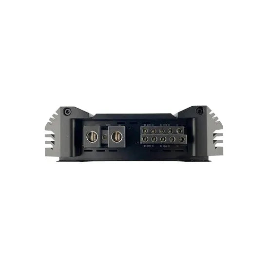 Black amplifier rear panel with exposed wiring connections and port row