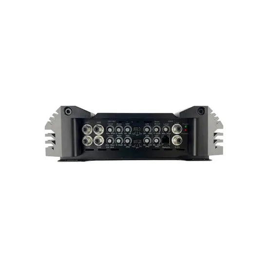 Black 5-channel car audio amplifier rear panel with multiple input/output ports