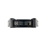 Black 5-channel car audio amplifier rear panel with multiple input/output ports