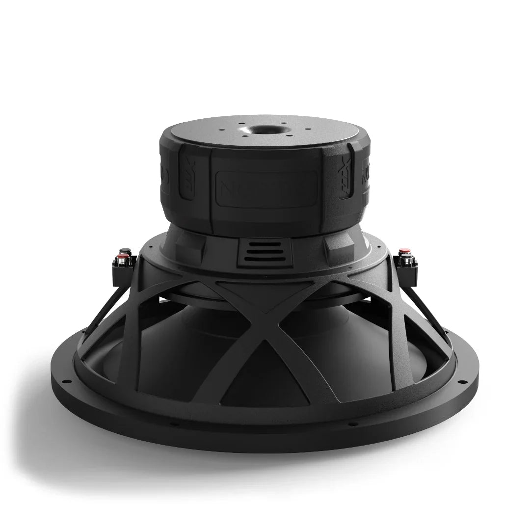 Black subwoofer underside with metal mounting plate and vented basket