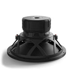 Black subwoofer underside with metal mounting plate and vented basket