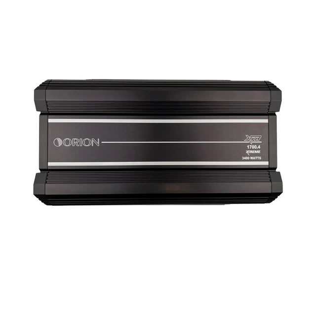 4-channel class A/B car audio amplifier, black enclosure with front brand panel