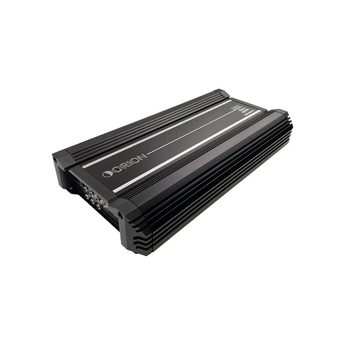 4-channel car audio amplifier side view with ridged heat-sink fins