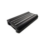 4-channel car audio amplifier side view with ridged heat-sink fins
