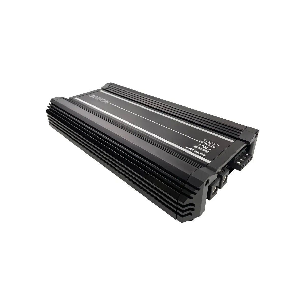 4-channel car audio amplifier angled side view, black metal housing and fins