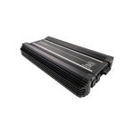 4-channel car audio amplifier angled side view, black metal housing and fins