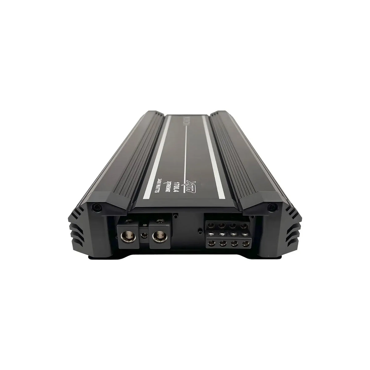 4-channel car audio amplifier end view with power terminals and control ports