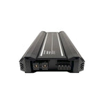 4-channel car audio amplifier end view with power terminals and control ports