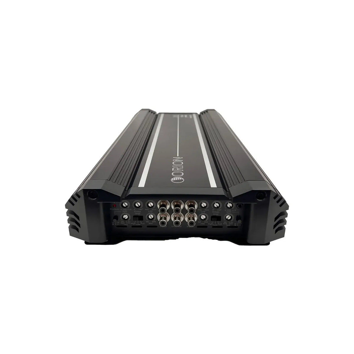 4-channel car audio amplifier rear panel with multiple RCA-style input/output jacks