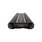4-channel car audio amplifier rear panel with multiple RCA-style input/output jacks
