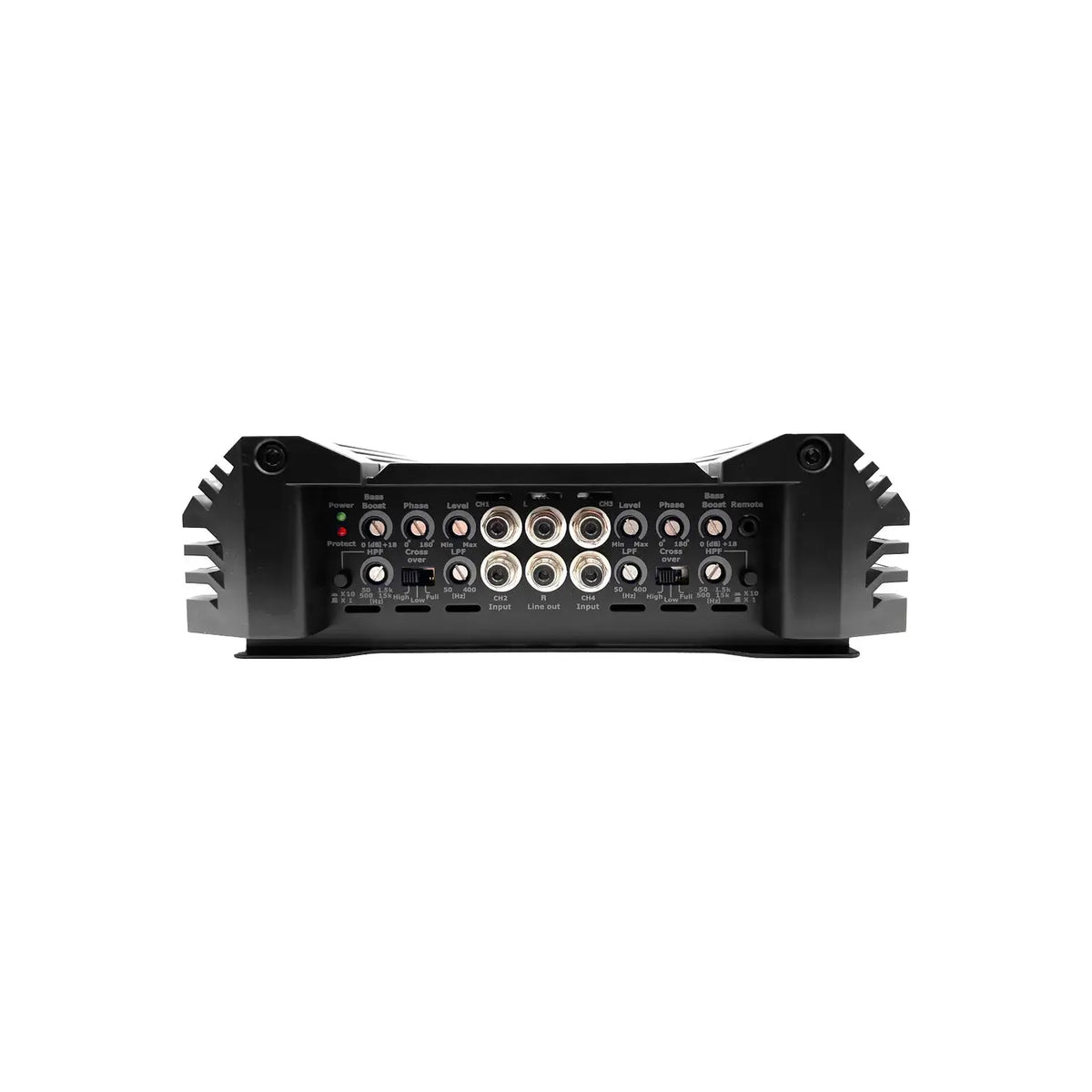 4-channel car audio amplifier rear connections panel with knobs and RCA ports