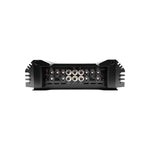 4-channel car audio amplifier rear connections panel with knobs and RCA ports
