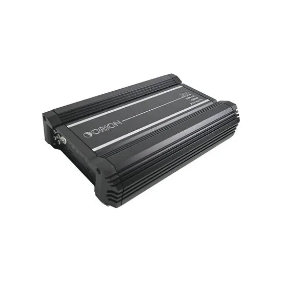 Orion XTR2500.1Dz monoblock amplifier, black finned metal case with Orion logo