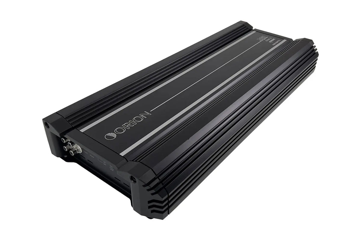 2-channel car amplifier, black side profile with end caps and branding