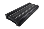 2-channel car amplifier, black side profile with end caps and branding