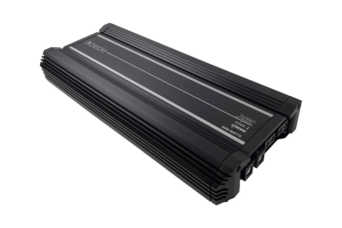 2-channel car amplifier, black ribbed chassis in 3/4 angled view
