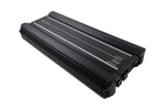 2-channel car amplifier, black ribbed chassis in 3/4 angled view
