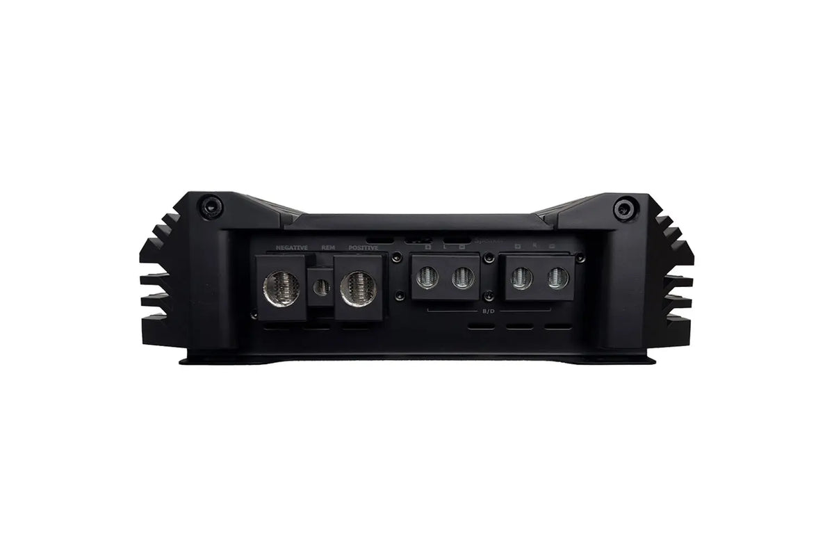 2-channel car amplifier rear panel with terminal blocks and input ports