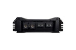 2-channel car amplifier rear panel with terminal blocks and input ports