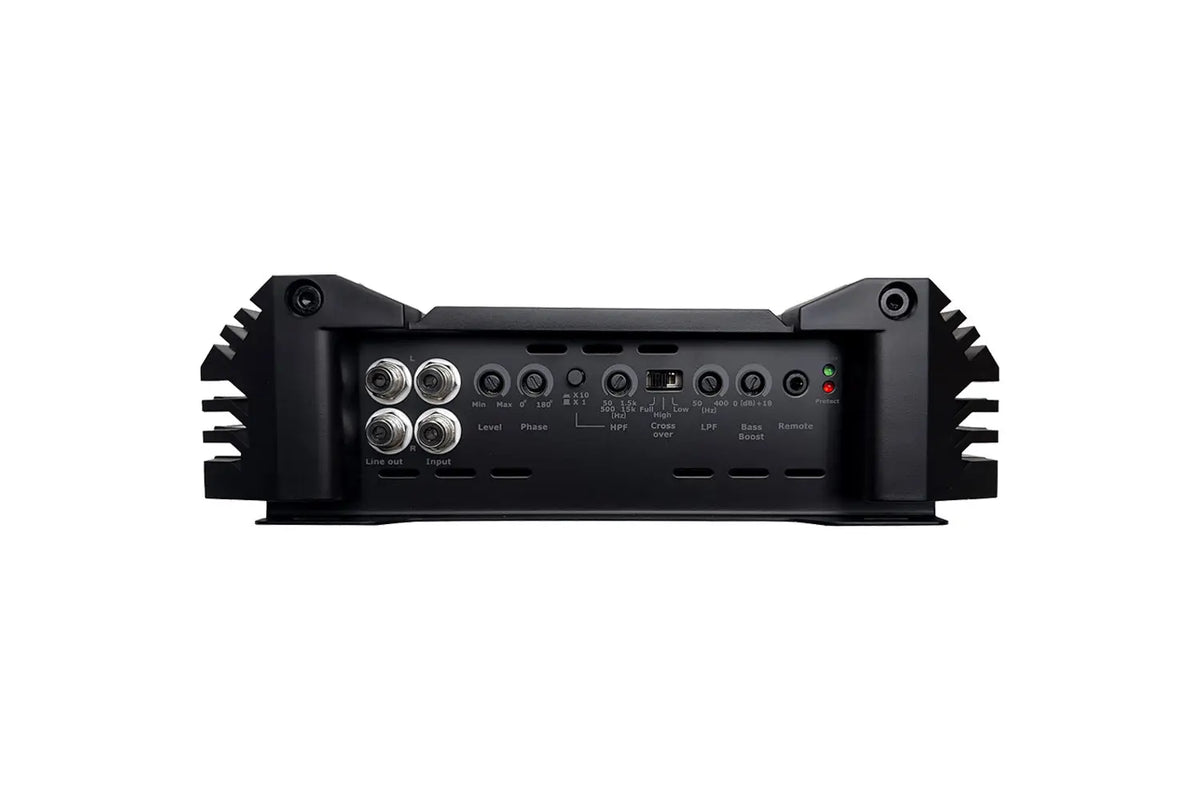 2-channel car amplifier rear panel with RCA inputs and control connectors