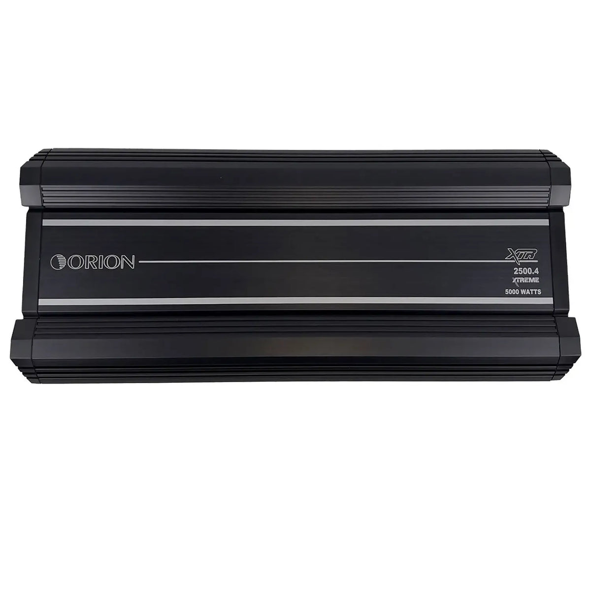 4-channel car audio amplifier, black metal, front logo and specifications