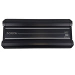 4-channel car audio amplifier, black metal, front logo and specifications