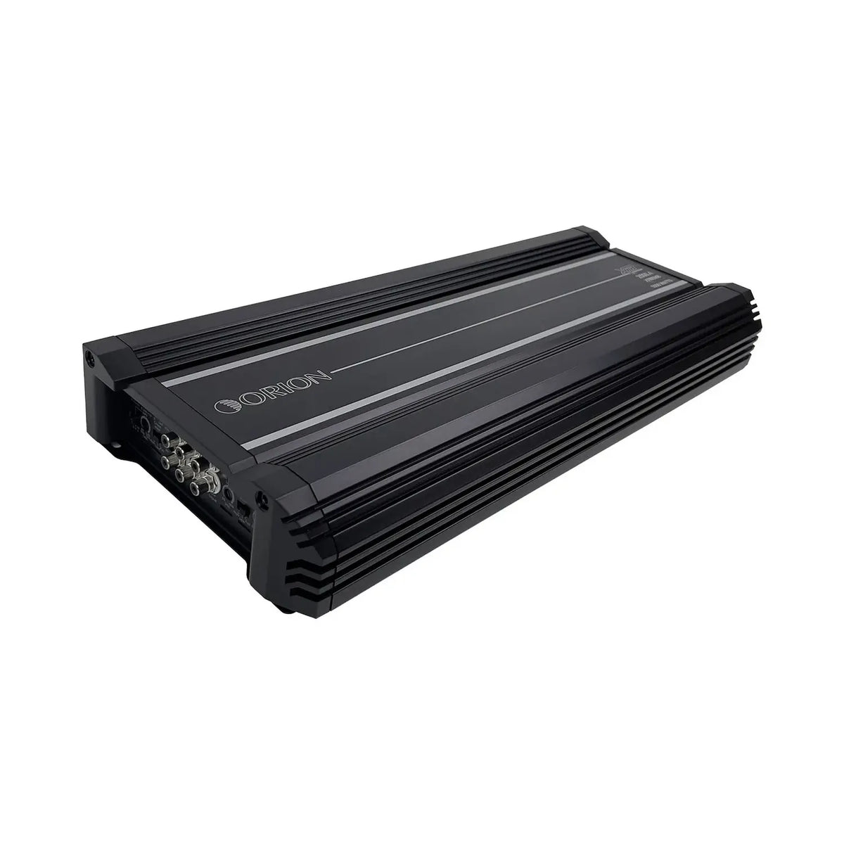 Black car audio amplifier with top vents and control panel corner detail