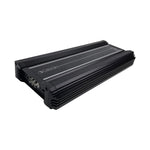 Black car audio amplifier with top vents and control panel corner detail