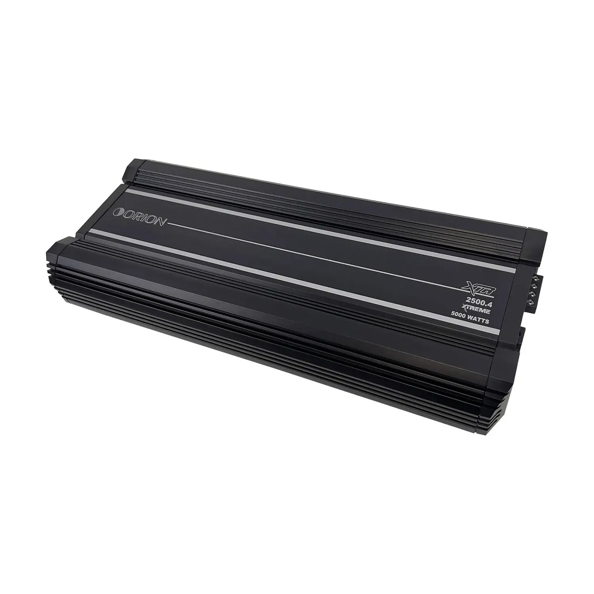 Black 4-channel car amplifier with side badge and power rating print