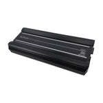 Black 4-channel car amplifier with side badge and power rating print