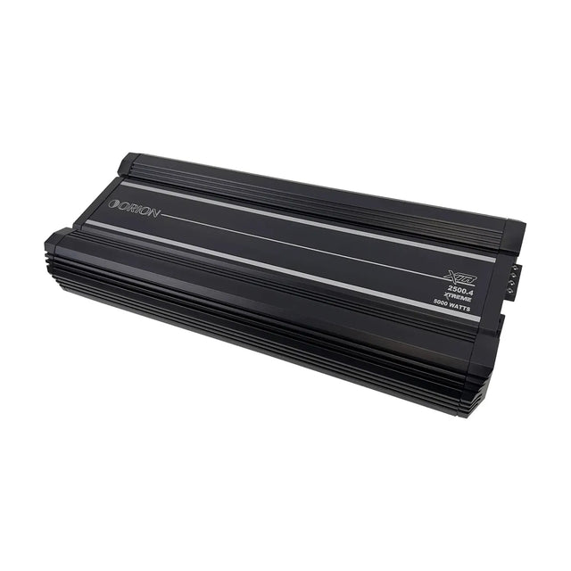 Black 4-channel car amplifier with side badge and power rating print