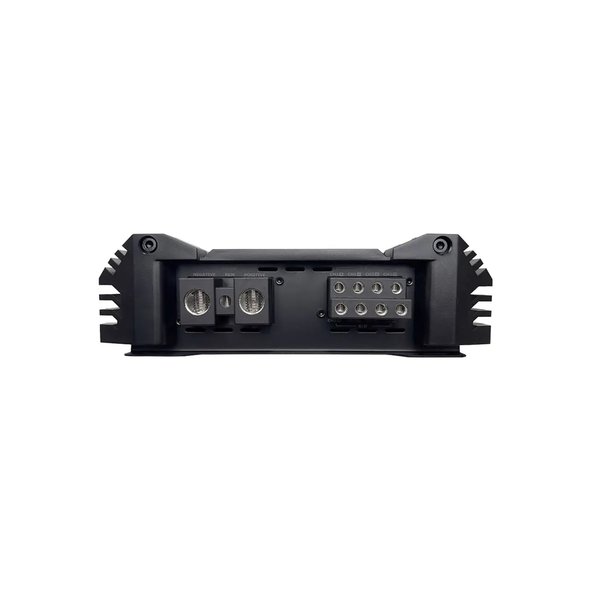 Amplifier rear power area with large input terminals and terminal block ports