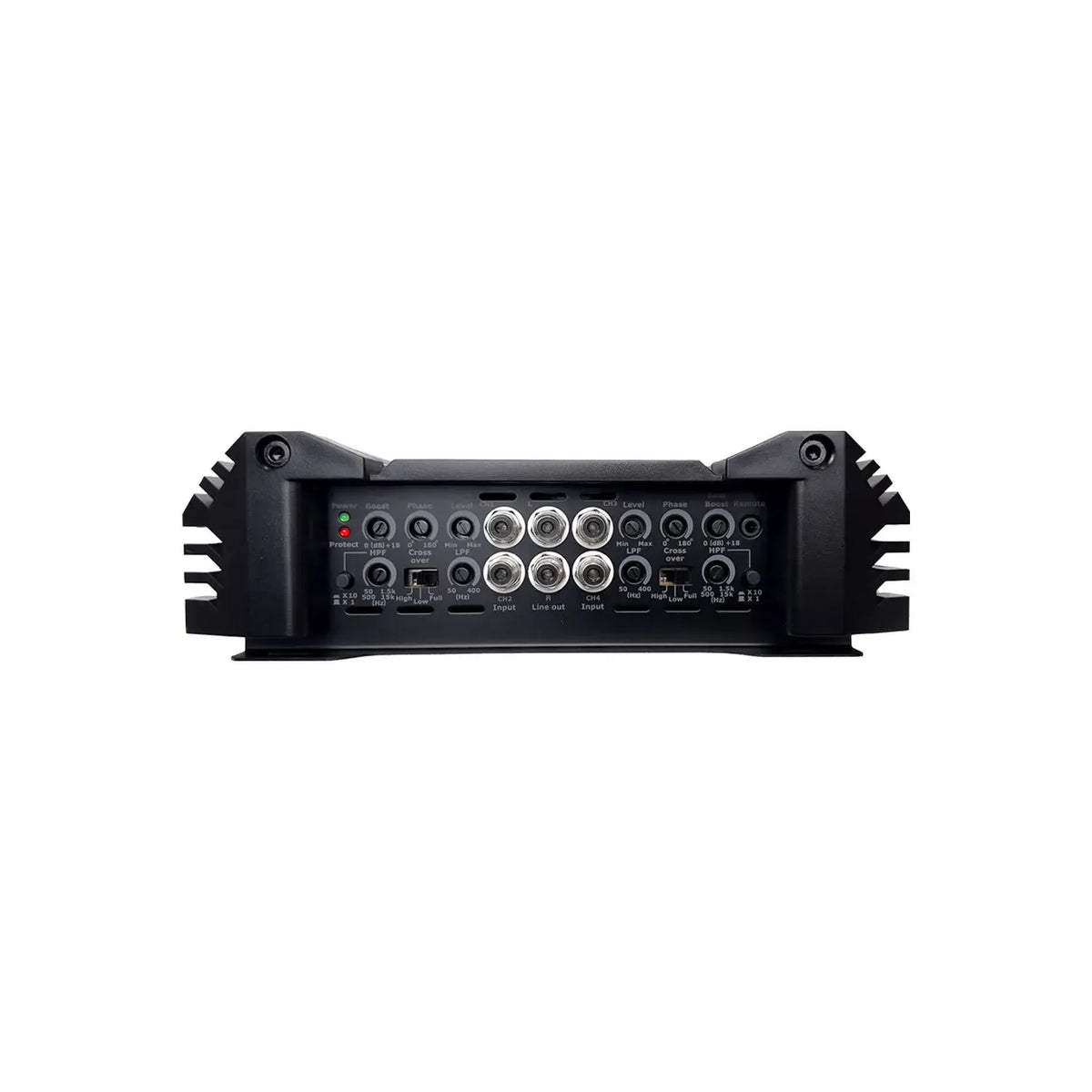 Black amplifier rear panel with multiple RCA ports and connection terminals