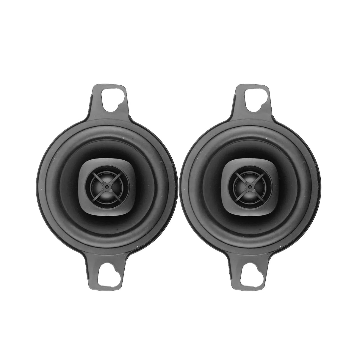 Two black coaxial speakers, front view with circular cones and mounting tabs