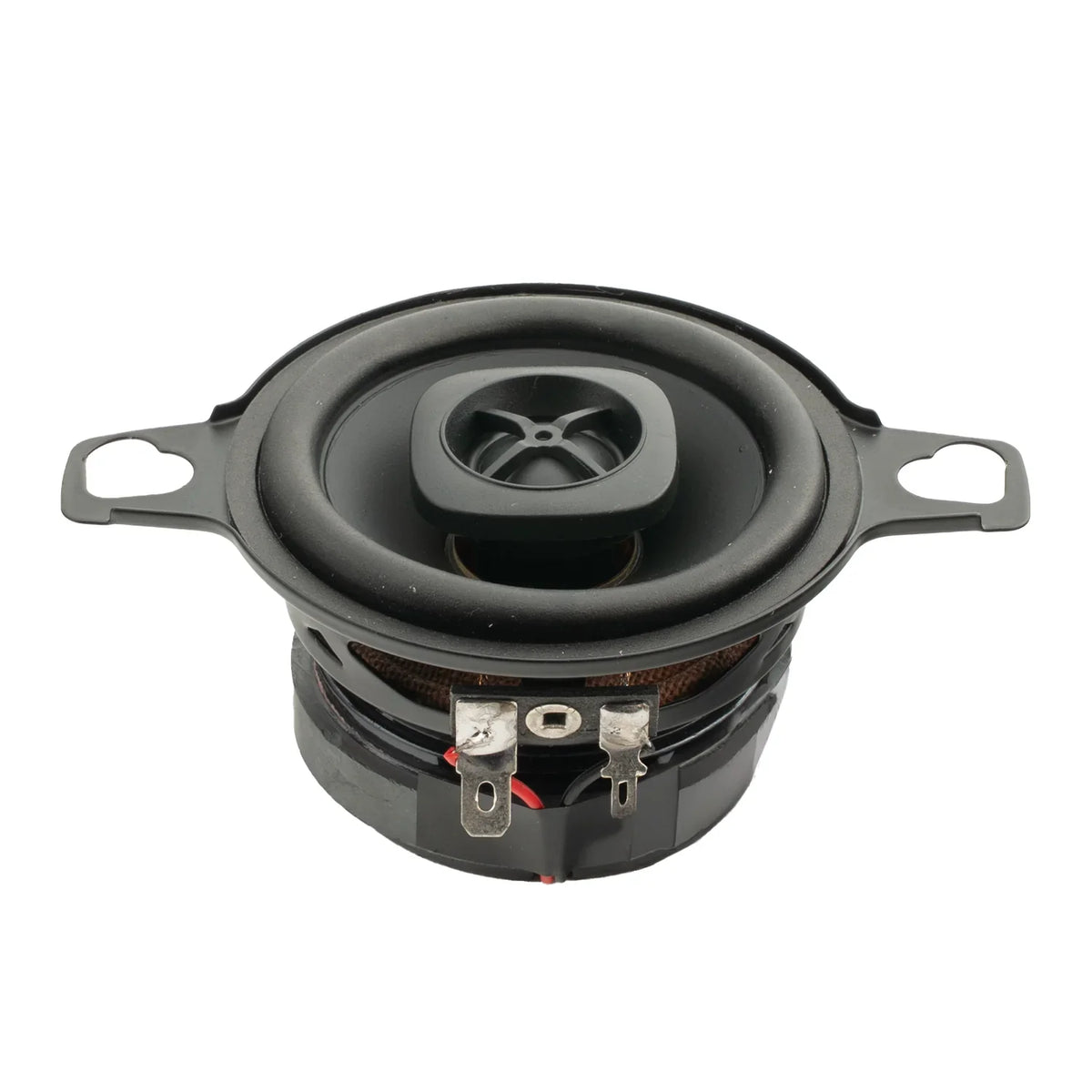 Single black coaxial speaker with exposed terminals and mounting brackets