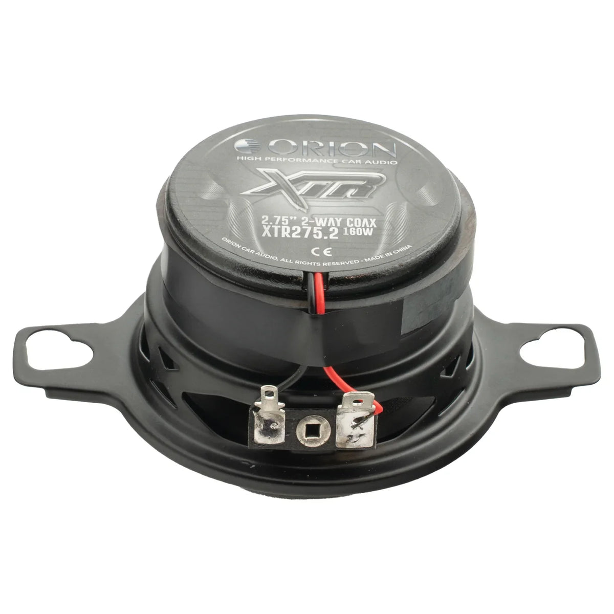 Orion 2-way coaxial speaker with printed top label, black housing, and terminals