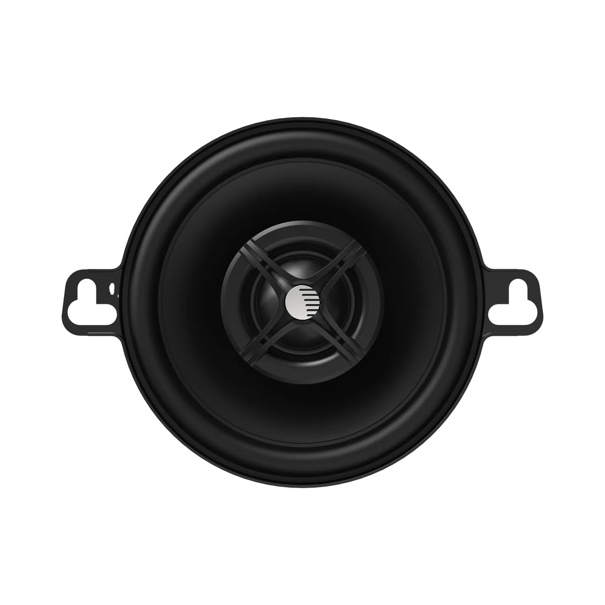 Black coaxial car speaker with circular grille and visible woofer cone