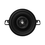 Black coaxial car speaker with circular grille and visible woofer cone