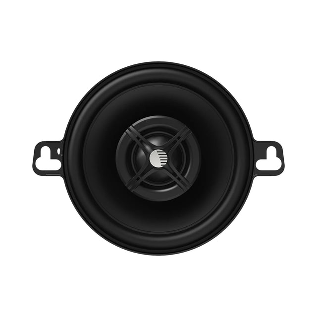 Black coaxial car speaker with circular grille and visible woofer cone