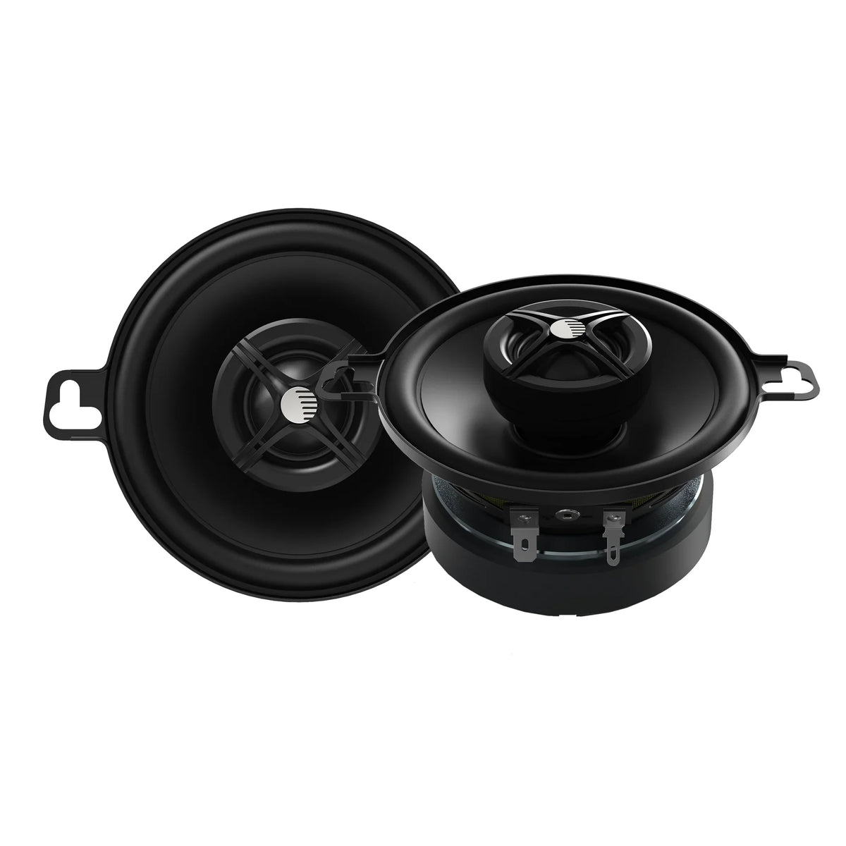 Pair of black coaxial car speakers with tweeter and woofer, side-by-side view