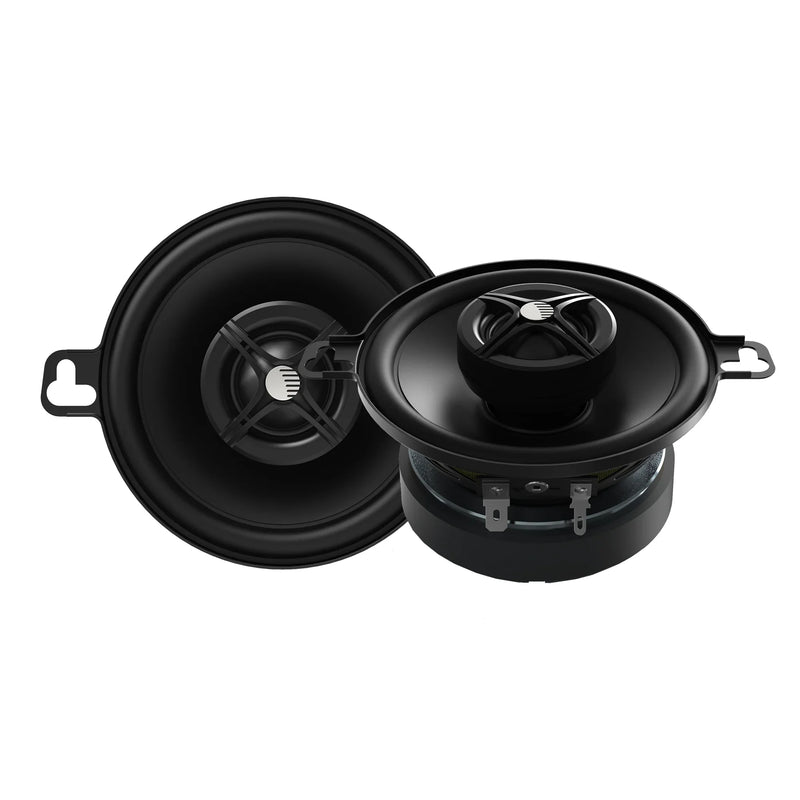 Pair of black coaxial car speakers with tweeter and woofer, side-by-side view