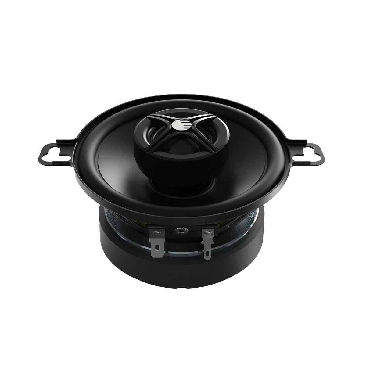 Black coaxial car speaker showing tweeter and woofer, front and side view