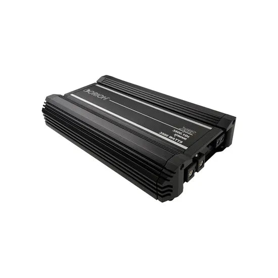 Orion XTR3500.1Dz monoblock amplifier, angled side view with end caps and ports