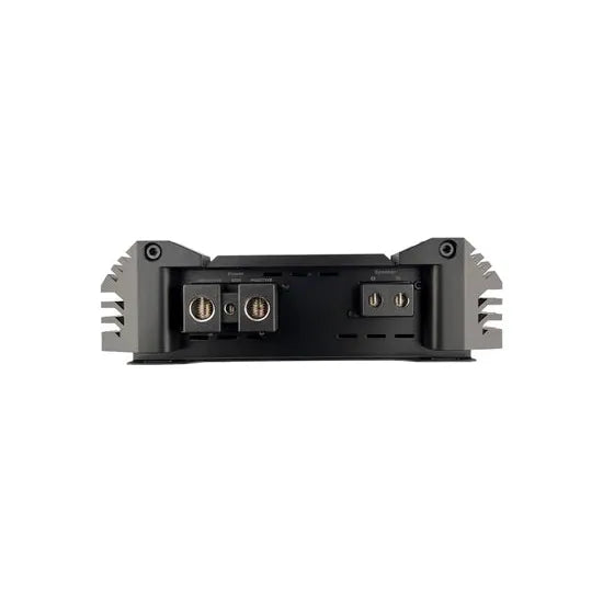 Car monoblock amplifier rear input area with power and speaker binding posts